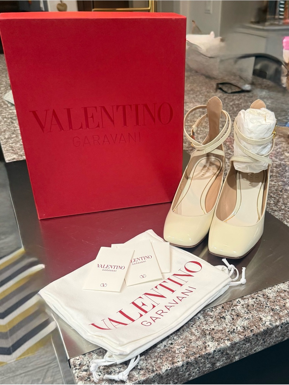 Valentino Garavani Cream Patent Ankle-Strap Pumps